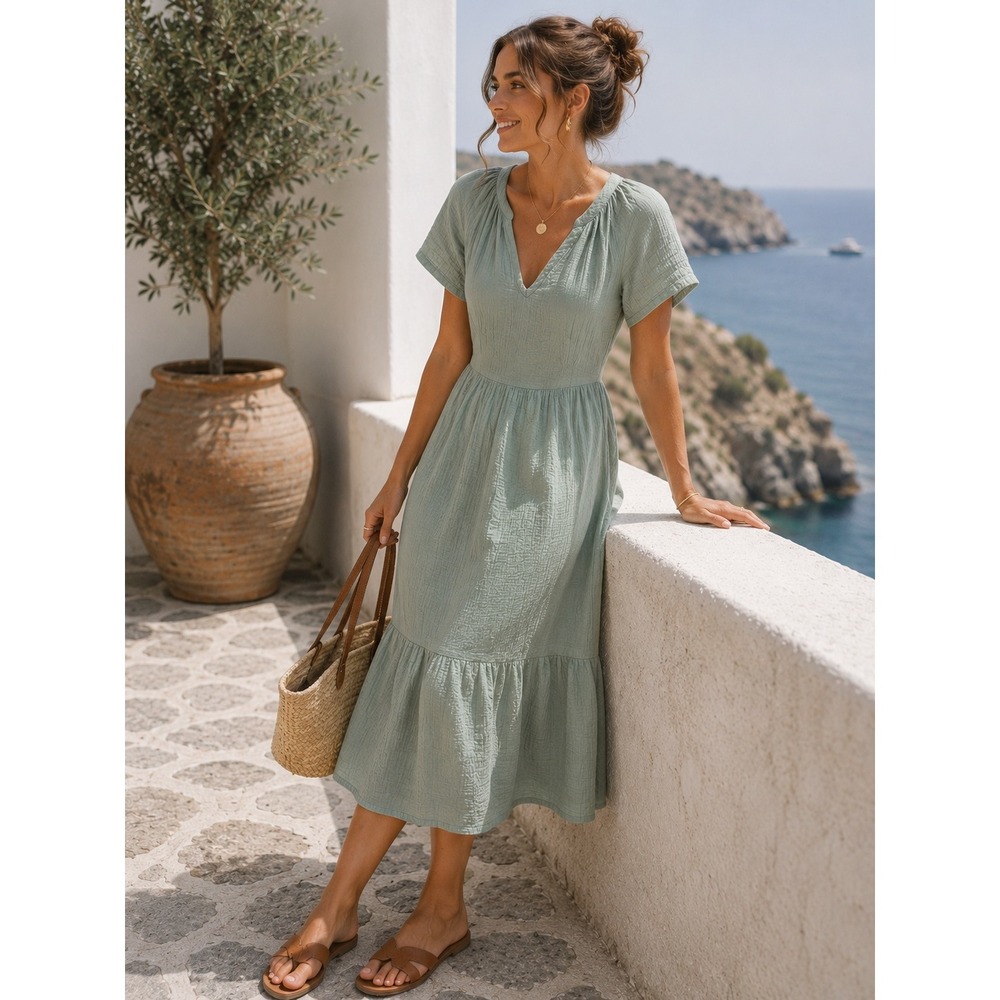 Pact Sage Green Organic Cotton Gauze Midi Dress Sz M Coastal Cottagecore Pockets